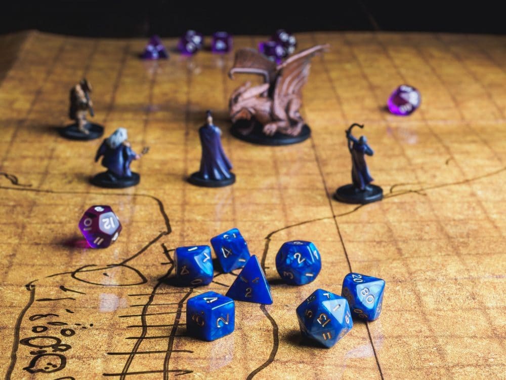 Dungeons & Dragons campaign board with dice