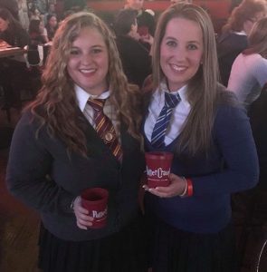 Me (left) and a friend in our Hogwarts uniforms
