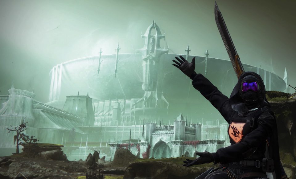 Screenshot of Stef Watson's Hunter from Destiny 2 in a pose showing off a building in Savathûn's Throne World.