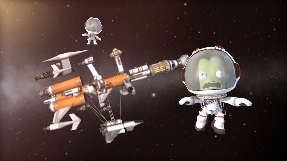 Image of two astronauts and their rocket in space in the game Kerbal Space Program.