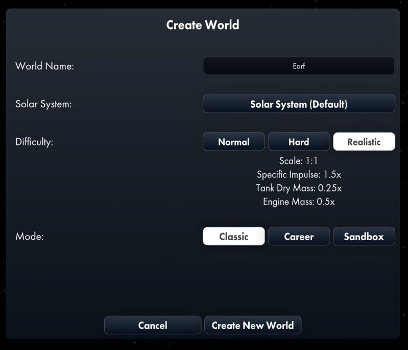 Screenshot of Spaceflight Simulator game settings