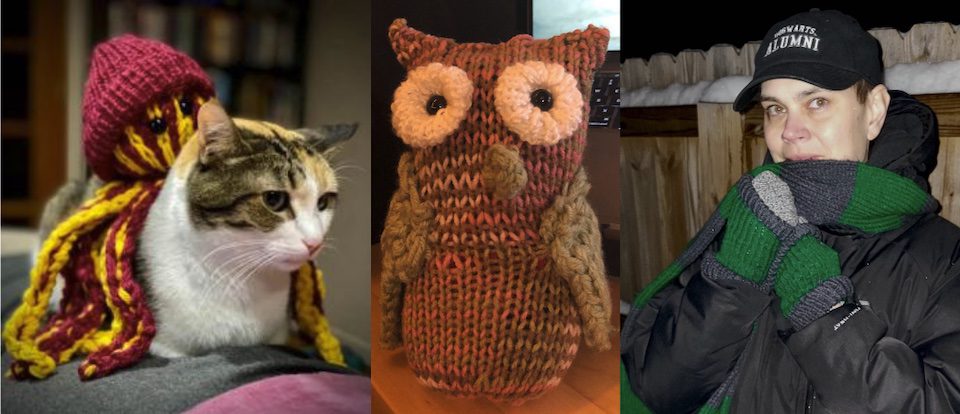 Photos of knitting projects: a Gryffindor octopus, a colorful owl, and a Slytherin scarf and gloves.