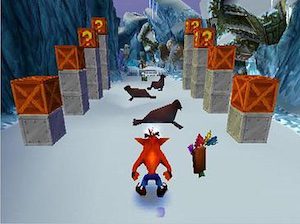 Screenshot of Crash about to run through a straight path of obstacles in Crash Bandicoot 2: Cortex's Revenge