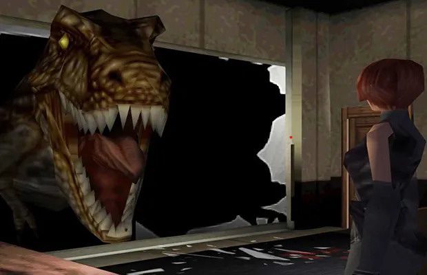 Dino Crisis screenshot with T-rex bursting through a window, jaws open
