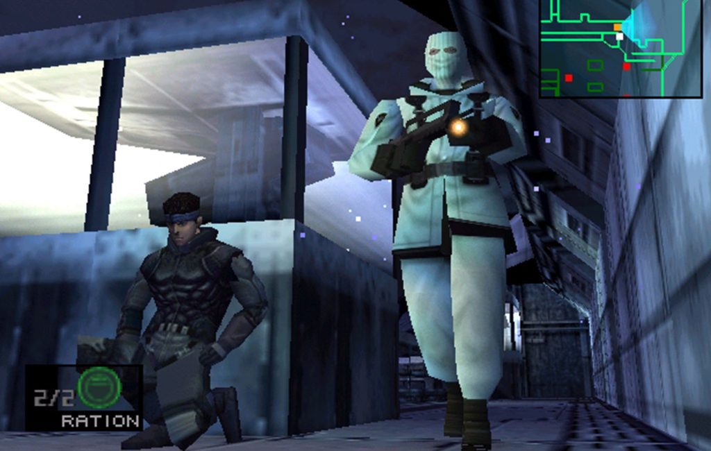 Screenshot from Metal Gear Solid showing the player hiding from a marauder with a gun