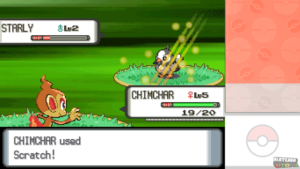 Screenshot of a classic turn-based Pokemon battle between Chimchar and Starly on Game Boy Advance.