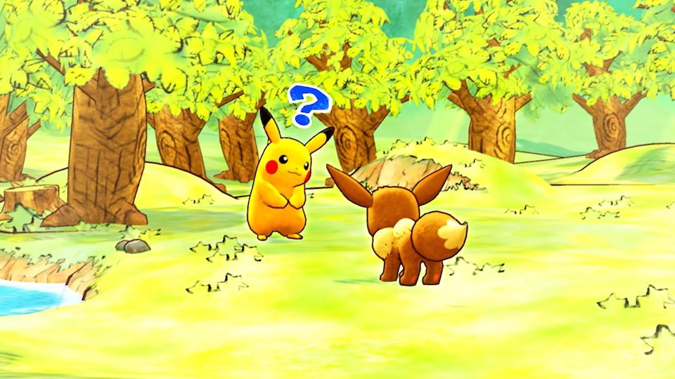Mystery Dungeon DX screenshot showing Pikachu in a charming wooded scene