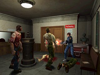 Screenshot from Resident Evil 2 showing Leon Kennedy killing the undead