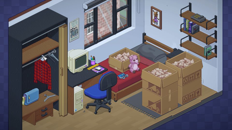 A screenshot from the Unpacking game showing a typical small college dormitory setting with a computer on the desk, books on shelves, and a couple of moving boxes on the floor.