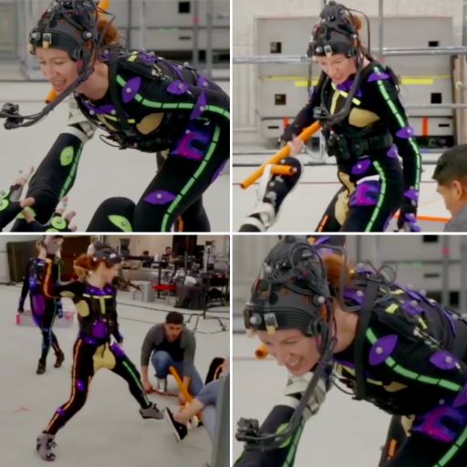 A group of 4 photographs of Bekka performing her role as Bela on set in full motion capture suit and gear.