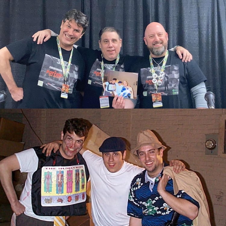 Split photo with Nathan Faudree, Rob Palmer, and Eric Horowitz both in 2022 and during their original Potchki film production 20 years earlier.