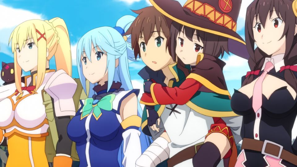 Konosuba characters standing side by side: Darkness with the cat Chomusuke on her shoulder, Aqua, Kazuma carrying Megumin on his back, and Yunyun.