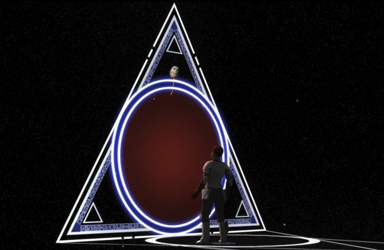 Star Wars Rebels Ezra stands in front of a circular portal inside an intricate triangle against a starry background, the convor Morai sitting on the top of the circle looking down at him
