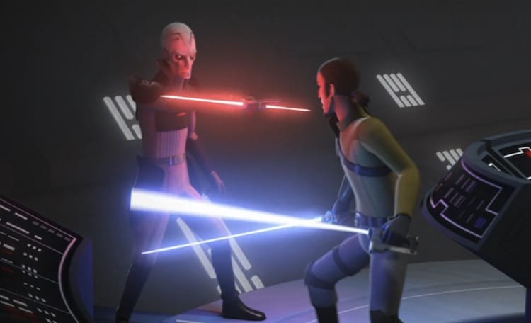 Star Wars Rebels Grand Inquisitor holds his lightsaber out defending an advance Kanan Jarrus, who is duel wielding sabers