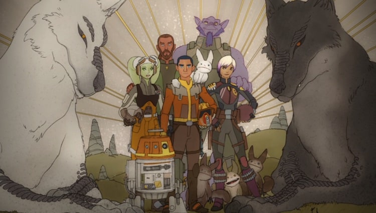 The painted mural at the end of Star Wars Rebels showing the crew of the Ghost with loth-wolves and loth-cats
