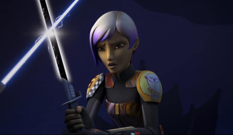 Sabine Wren sparring with Darksaber, a look of anguish on her face