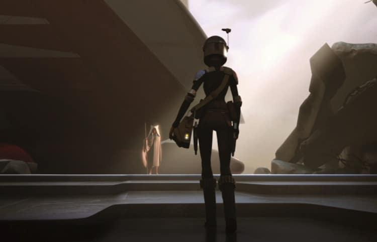 Sabine Wren shown from the back walking toward Ahsoka Tano, who is standing in a while cloak in front of a parked space ship