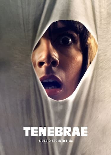 Person's surprised face looking through a hole in a white sheet with text reading "Tenebrae, a Dario Argento Film"