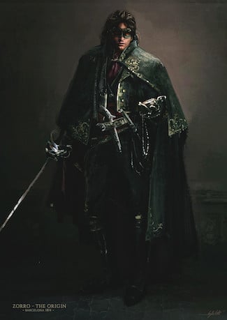Depiction of Zorro in an elaborate 1812-era costume