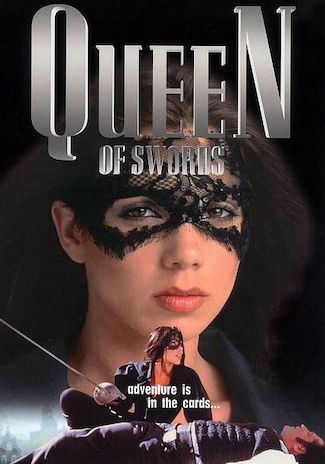 Film poster for the Queen of Swords TV series with the close-up image of the main character's face wearing a hood and lace mask