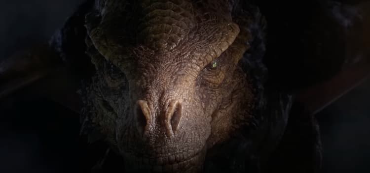 Close-up on the face of a light golden-brown dragon peering out of dark shadows.
