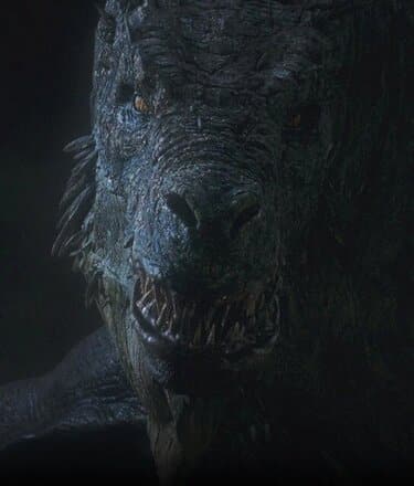 A close-up of the dragon Vhagar's face against the black of night.