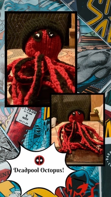 Two photos of a loom-knitted octopus made with red and black yarn as a tribute to Deadpool.
