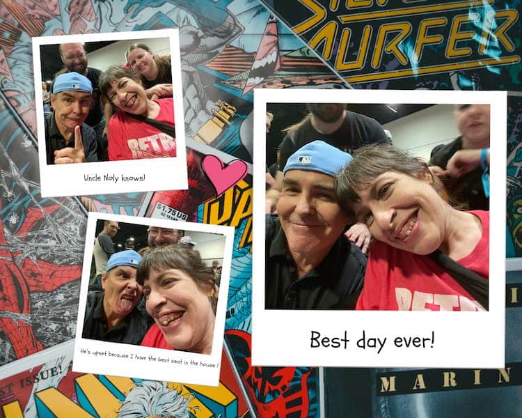 Three photos from the collection of selfies that Nolan North took with Shana Martin at his signing table. Shana is smiling in all the photos. Nolan is making a silly face in one photo, an Uncle Noly character face in another, and smiling in the third. The captions read, "Uncle Noly knows!", "He's upset because I have the best seat in the house," and "Best day ever!"