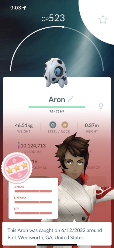 An Aron in Pokémon Go with a 15/15/15 perfect stat spread.