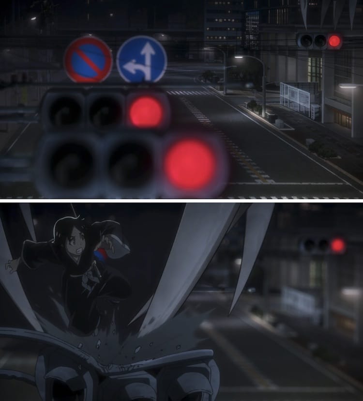 Two screenshots from a chase sequence. The first shows a street corner in the background and a closeup shot of traffic lights in the foreground. In the second shot, a Shinigami lands on the light which is, at the same time, being smashed by a creature who is chasing them.