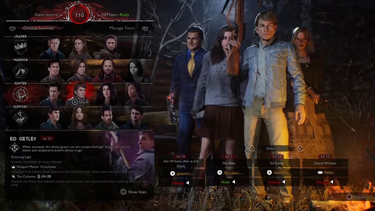 Selecting a survivor on the Evil Dead: The Game character selection screen.