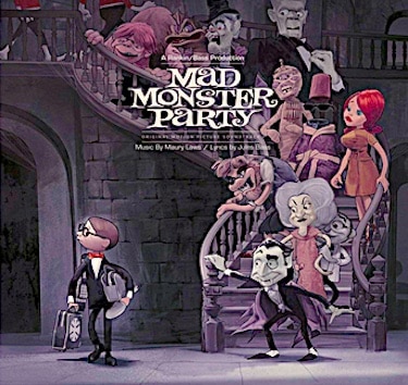 Album cover for the Mad Monster Party soundtrack showing a diverse crowd of characters descending a curving staircase.