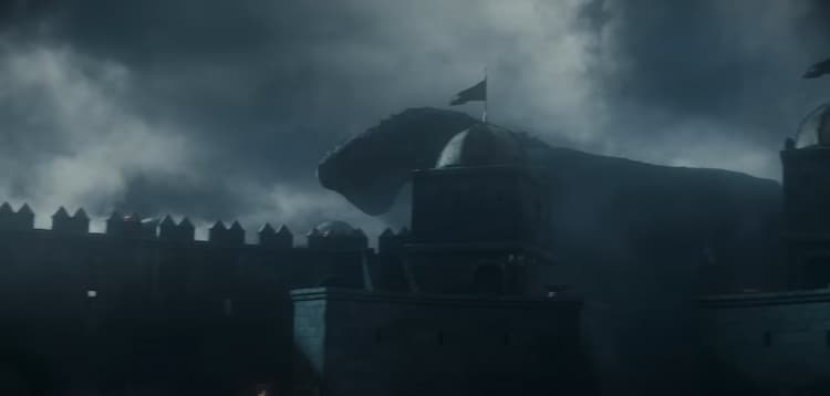 Vhagar's silhouette appears against a clouded sky behind castle turrets.
