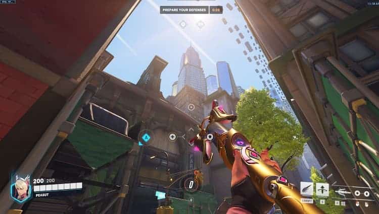 Mercy looking at the skyline in the new Overwatch 2 map set in New York City.