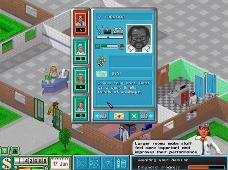 A screenshot from Theme Hospital that shows the box where you hire hospital staff. The doctor’s description reads "Drives rally cars. Deaf as a post. Smells faintly of cabbage."