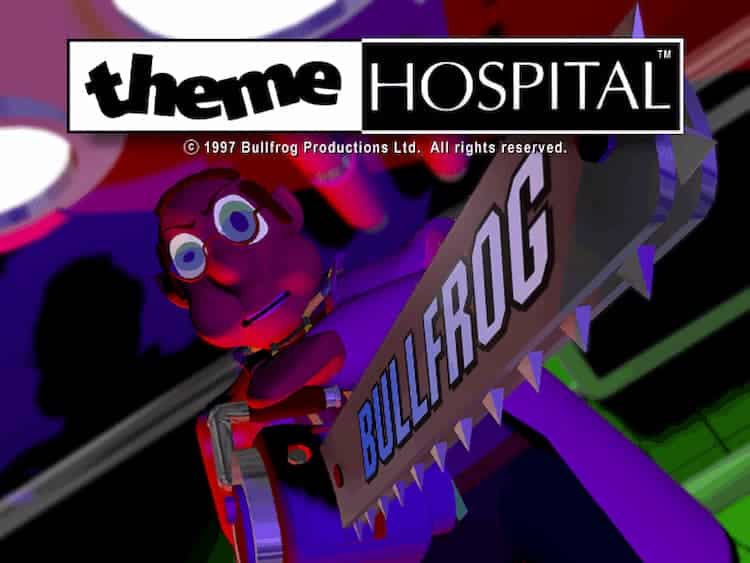 Theme Hospital’s title screen. A doctor holds a chainsaw with "Bullfrog" written across the blade.
