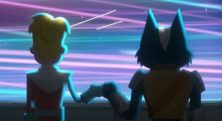 The silhouettes of two animated characters fistbump as they look at a window into space, brightly colored lines indicating movement.