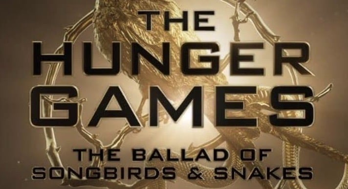 A mockingjay perches on a branch while a snake coils around its feet. The text, "The Hunger Games: The Ballad of Songbirds and Snakes" is written over top of the image.