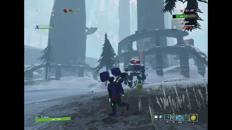 The engineer player character bobs and weaves in combat against a golem defender of the alien planet. In the snowy distance, there are alien ruins constructed around trees that grow tall into the sky.