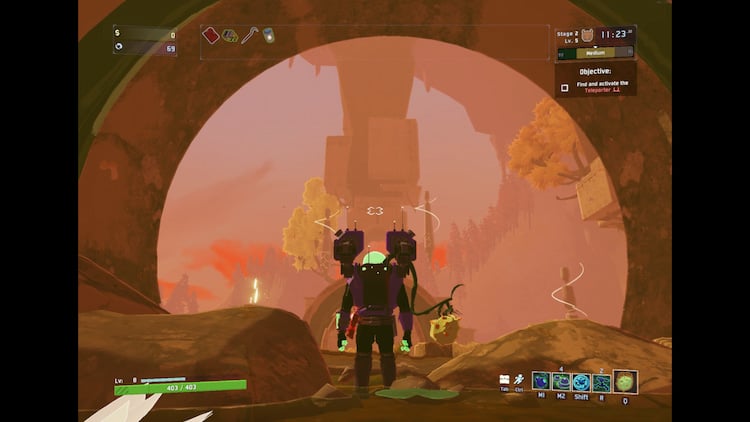 The engineer player character stands under an archway, staring into the horizon at a pillar of alien construction. The sky is a hazy orange out in the distance.