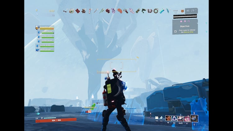 The railgunner player character stands on the moon of Petrichor V, looking out at the planet and the ruins in the distance. A spaceship is locked under a forcefield to the right of the player.