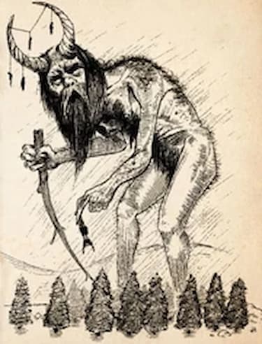 A drawing of the infamous entity Joulupukki showing it to be a giant with long hair, long beard, and horns on his head.