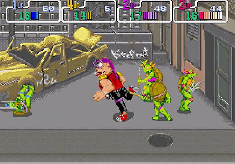 Gameplay from the 1989 NES video game Teenage Mutant Ninja Turtles.