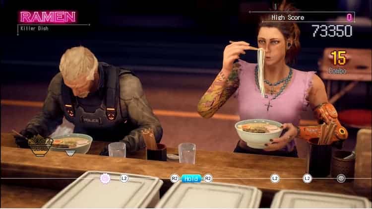 Hannah and Herzog eating Ramen in mini game