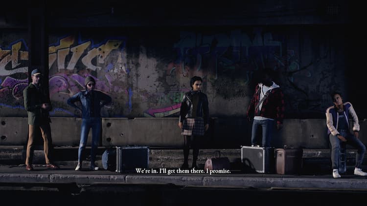The five protagonists wait for a car to take them to the murder hotel