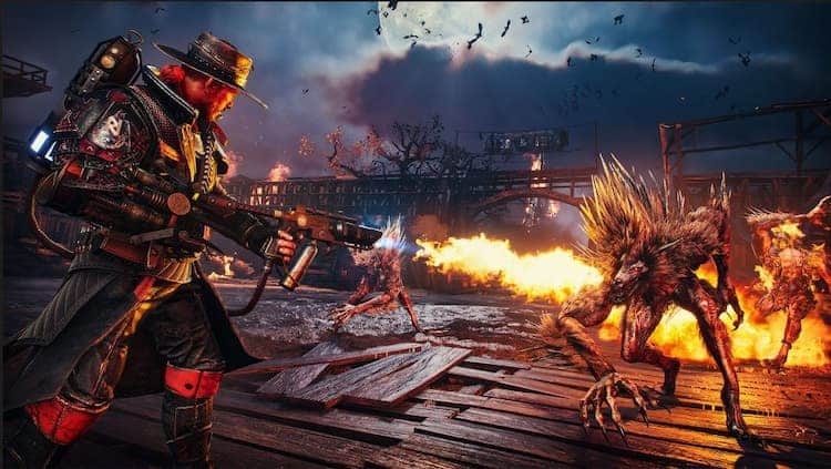Jessie spraying a flamethrower at a pack of werewolves