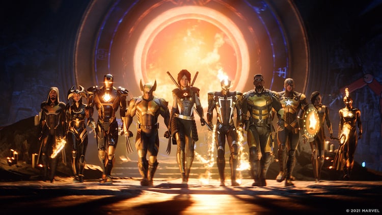 A team of superheroes walking in front of a glowing orb of energy