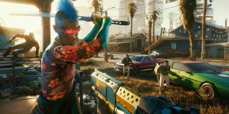 A shotgun is being aimed at a brightly coloured enemy with a visor. The enemy is prepearing to swing his sword while other enemies are in the background near some cars.