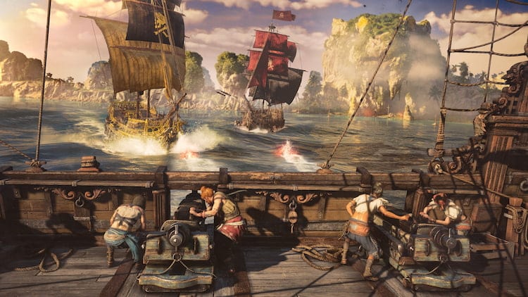 Three pirate ships battling each other in the ocean