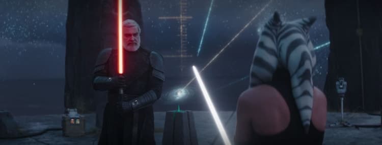 Baylen and Ahsoka circle each other, lightsabers raised, surrounded by lights